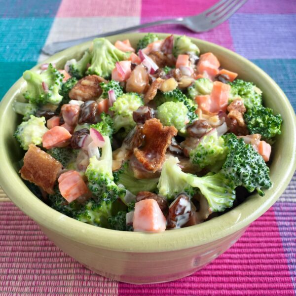 broccoli bacon slaw in serving bowl