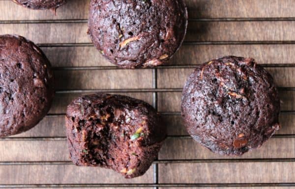 double chocolate zucchini muffins on cooling rack