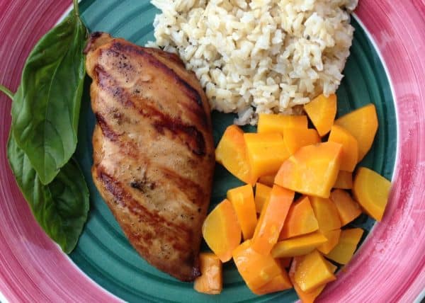 close up of Teriyaki Chicken with rice and carrots