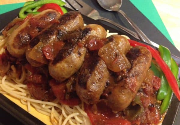 Italian Sausage and Peppers skillet arranged on plate