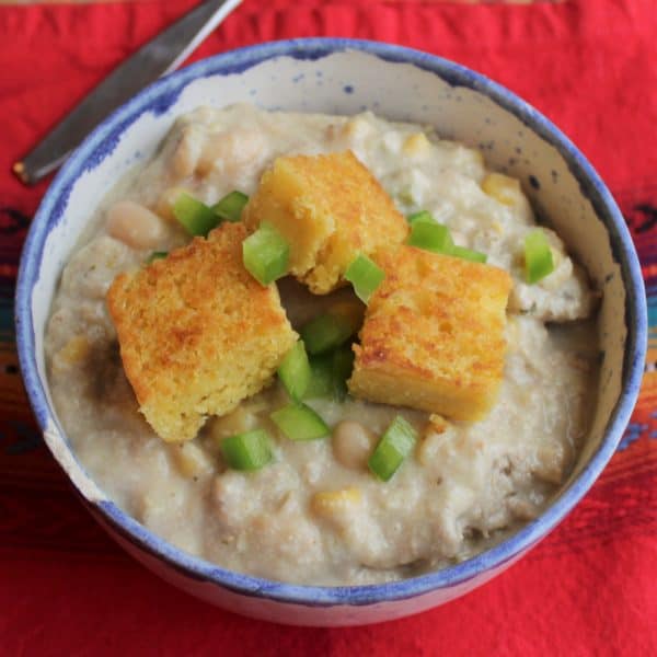 Creamy White Turkey Chili with Cornbread Croutons - juggling with julia