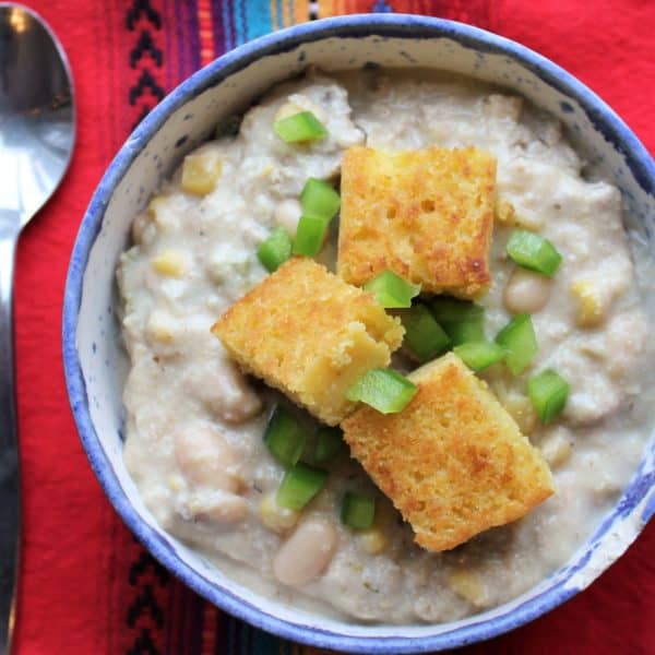 Creamy White Turkey Chili with Cornbread Croutons - juggling with julia