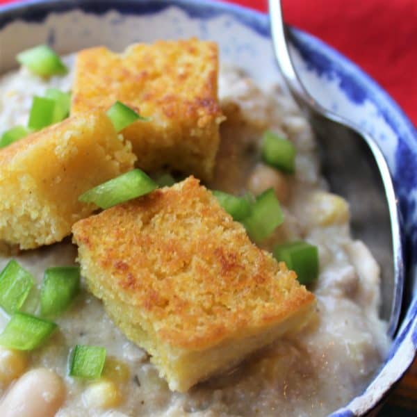 Creamy White Turkey Chili with Cornbread Croutons - juggling with julia