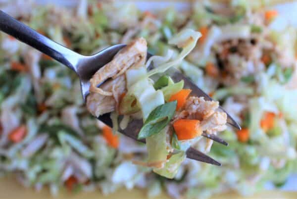 forkful of asian sesame chicken salad