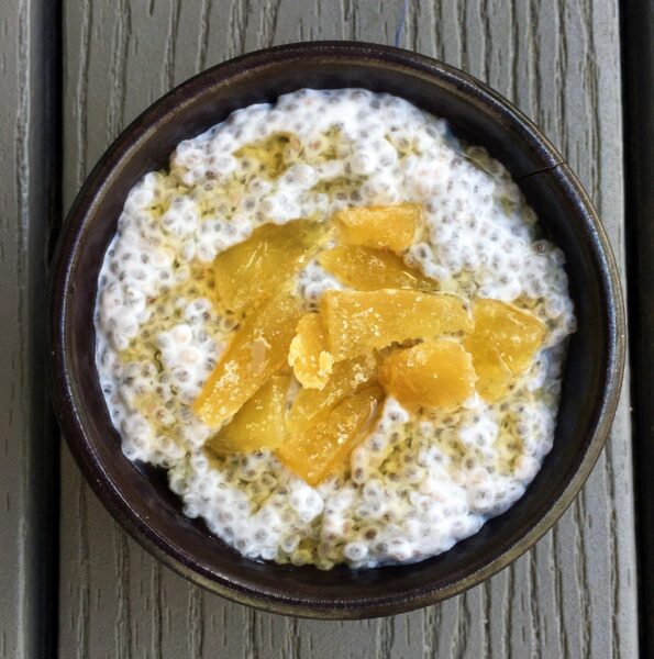 Candied ginger and honey on coconut chia pudding