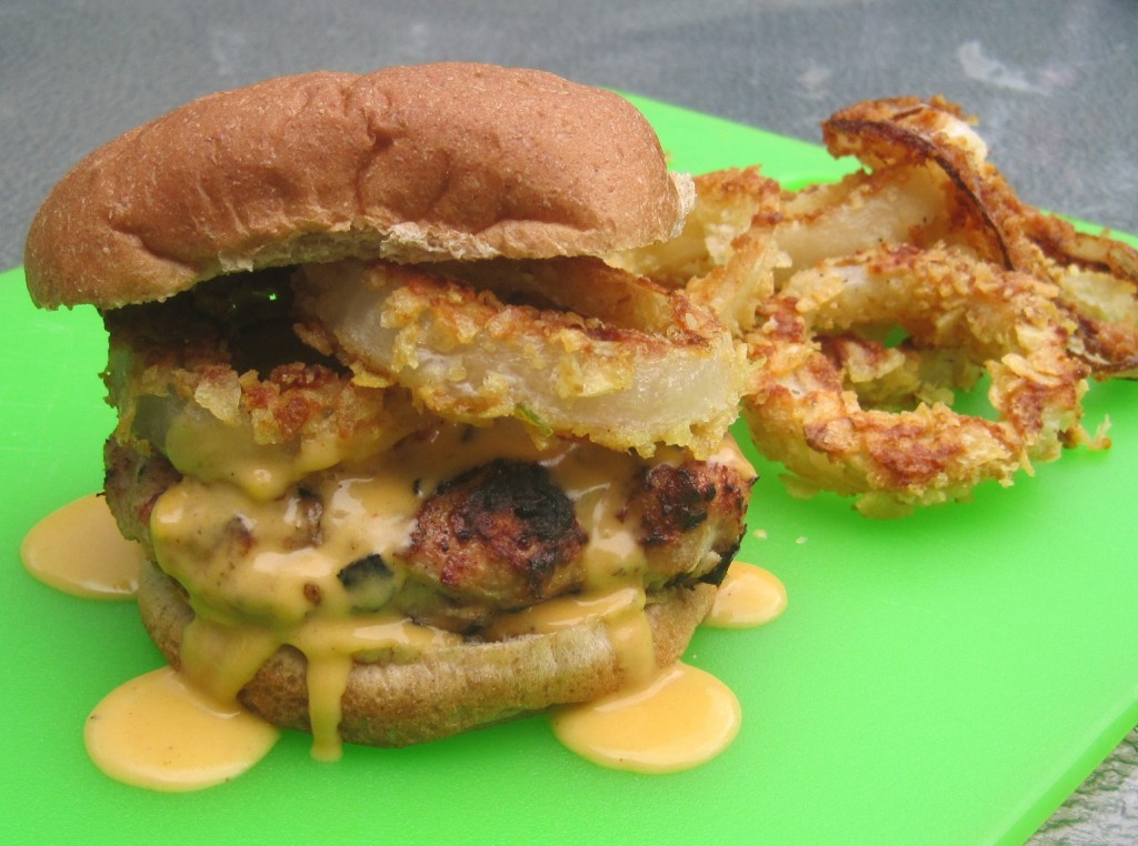 Chicken Burger, Onion Rings, and Smoky Beer Cheese Sauce -- Juggling With Julia