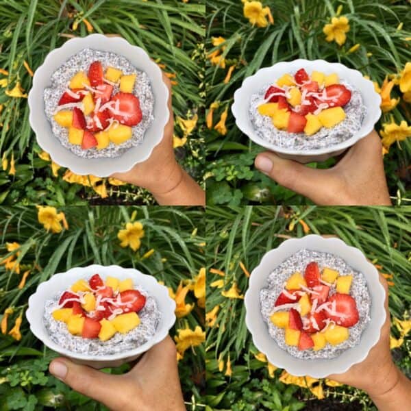 a 4-way shot of coconut chia pudding in a bowl topped with mango and strawberry
